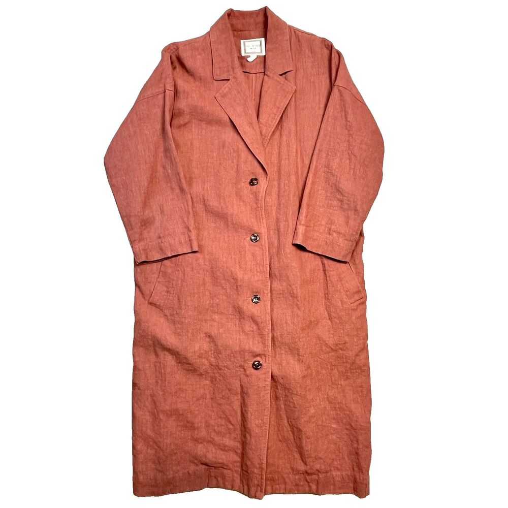 mo:‎ vint Brick Red Linen Trench Coat Duster Neutral Classic French Timeless XS